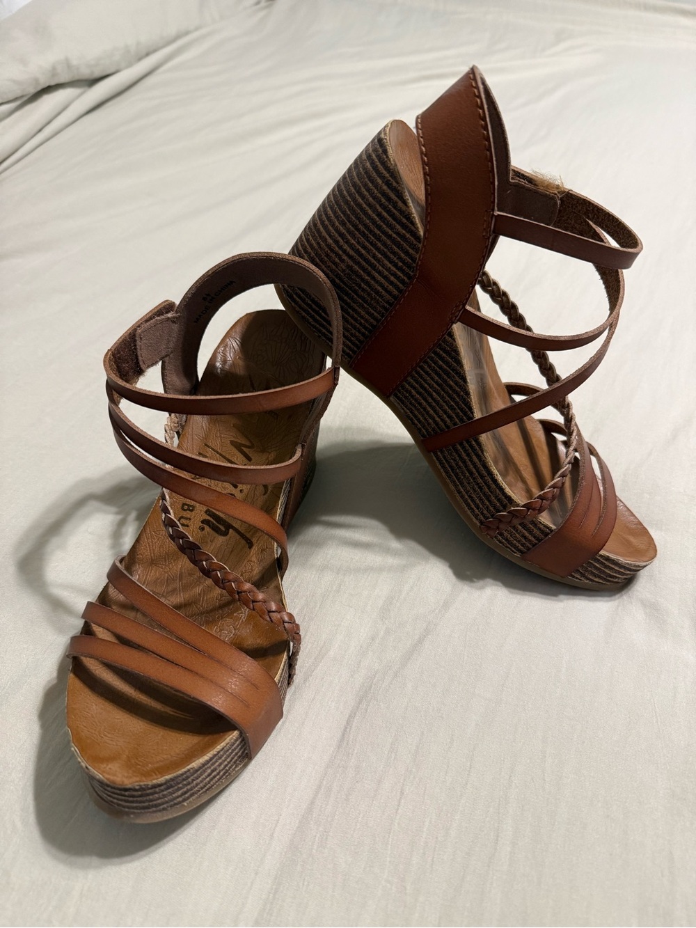 Women's Brown Strappy Wedge Sandals with Braided Accent